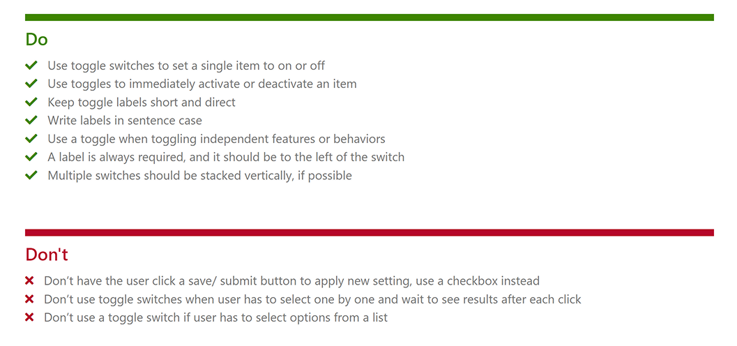 Image showing the dos and don'ts of toggle design, this was as output from step 1 of our process